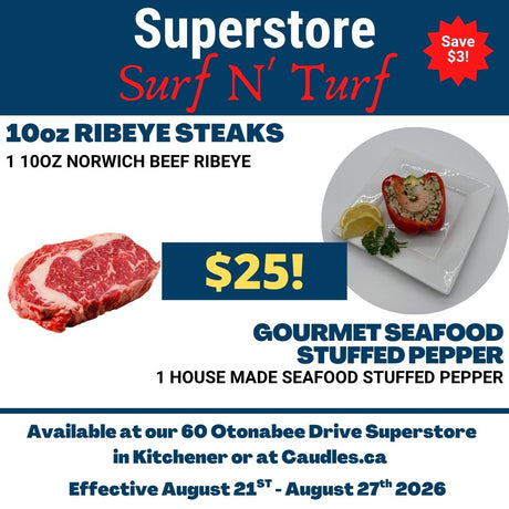 Superstore Surf N' Turf Special - One Norwich Packers Ribeye Steak and One House Made Gourmet Crab Cake