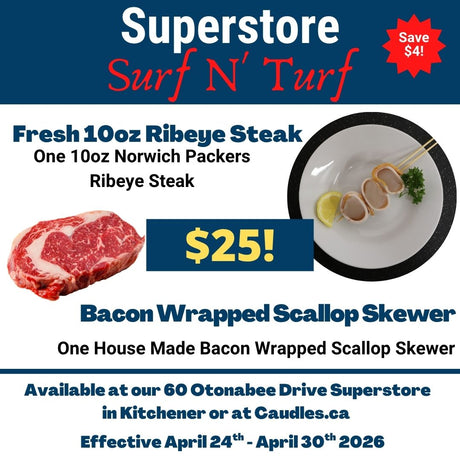 Superstore Surf N' Turf Special - One 10oz Fresh Ribeye Steak and One Bacon Wrapped Scallop Skewer