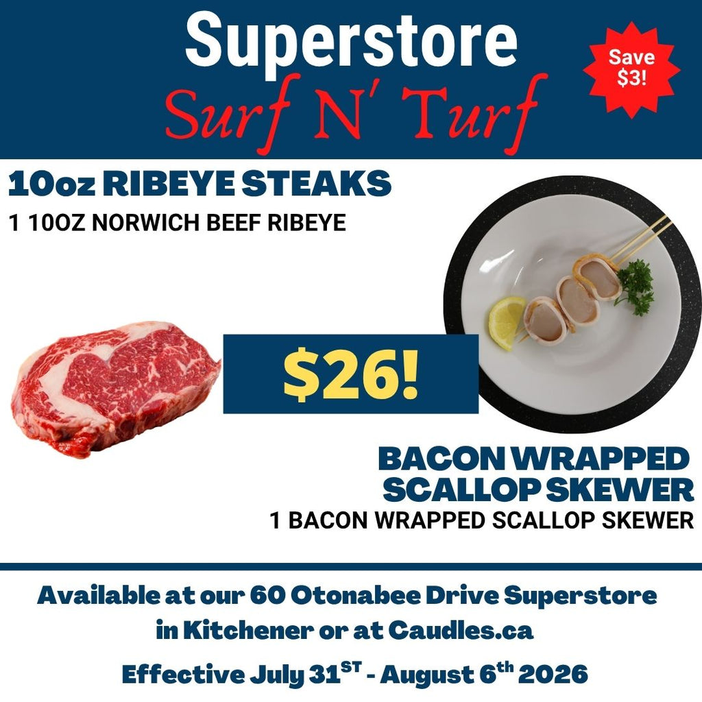 Superstore Surf N' Turf Special - One Norwich Packers Ribeye Steak and One Bacon Wrapped Scallop Skewer