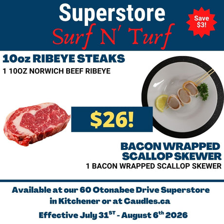 Superstore Surf N' Turf Special - One Norwich Packers Ribeye Steak and One Bacon Wrapped Scallop Skewer