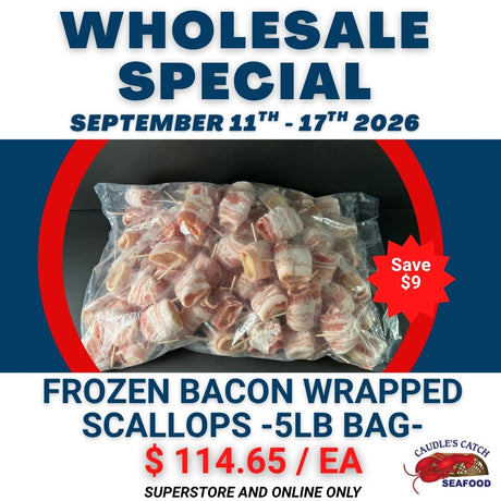 Wholesale Special: Frozen Bacon Wrapped Scallops (5 lb bag)
