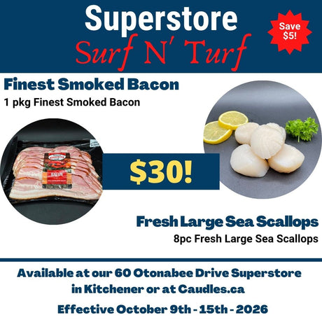 Superstore Surf N' Turf Special - 1pkg Finest Meats Smoked Bacon & 8pc Fresh Large Sea Scallops